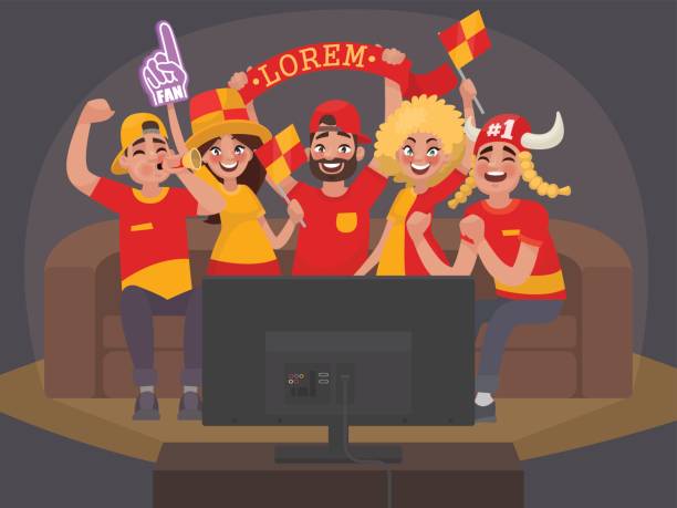 Fans watching the live broadcast of the match on TV and cheer for their team Fans watching the live broadcast of the match on TV and cheer for their team. Vector illustration in cartoon style cartoon of a stadium crowd stock illustrations