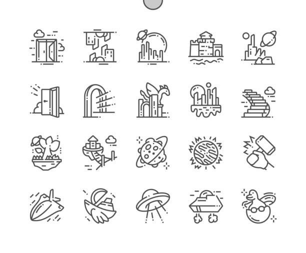 stockillustraties, clipart, cartoons en iconen met fantastische en parallelle werelden goed vervaardigde pixel perfect vector dunne lijn pictogrammen 30 2x grid voor webafbeeldingen en apps. eenvoudige minimale pictogram - dinosaur trees