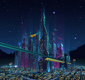 A view of the fantastic night city of the future with neon lights, billboards, advertising light signs, flying cars and starry sky on background.