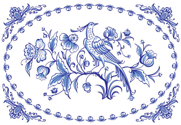 Fantastic fabulous bird and flower, Dutch style Fantastic fabulous bird and flowers, decor or painting in the Dutch style, pattern for tiles and other designs. Traditional Delft flower ornament. porcelain stock illustrations
