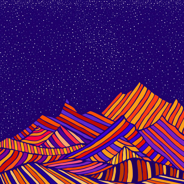 Fantastic hippie style psychedelic landscape with mountains in the form of colorful stripes and of blue sky and stars.  Vector hand drawn cartoon illustration. Fantastic hippie style psychedelic landscape with mountains in the form of colorful stripes and of blue sky and stars.  Vector hand drawn cartoon illustration. outer space patterns stock illustrations
