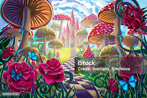 istock fantastic landscape with mushrooms, beautiful old castle, red roses and butterflies. illustration to the fairy tale "Alice in Wonderland" 1250311027