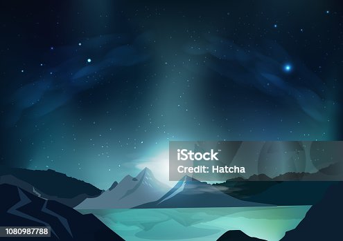 istock Fantasy abstract background, blue night scene with full moon, falling stars, outside planet, galaxy space concept, stars scatter on milky way, nature landscape vector illustration design 1080987788