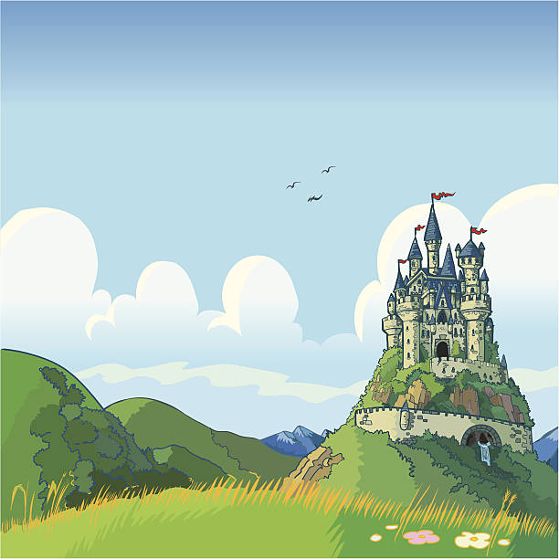 fantasy background with castle vector cartoon Vector cartoon illustration of a fantasy background with rolling green hills and a castle in the distance. landscape scenery clipart stock illustrations