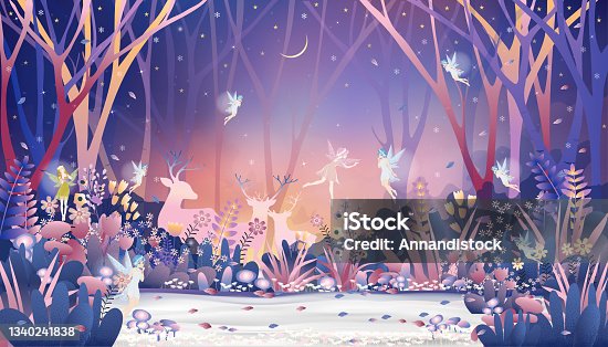 istock Fantasy cute little fairies flying and playing with reindeers family in magic forest at Christmas night,Vector illustration landscape of Winter wonderland.Fairytale background for bed time story cover 1340241838