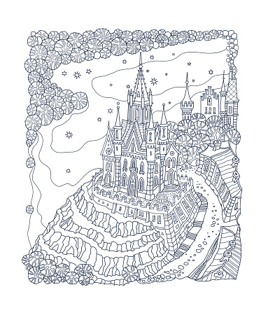 Paesaggio Fantasy Castello Fiabesco Su Una Collina Fantastico Doodle Contorno Blu Scuro Bianco Che Disegna Su