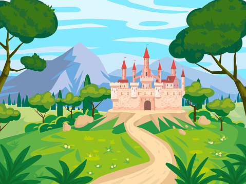 ✓ Imagen de Ilustración del castillo de cuento de hadas Paisaje fantástico  con casa medieval reino de hadas. Fotografía de Stock
