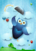 Fantasy landscape with funny flying owl and umbrella. Vector illustration eps10