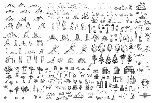 Fantasy map elements illustration, drawing, engraving, ink, line art, vector Illustration, what made by ink, then it was digitalized. mountain symbols stock illustrations