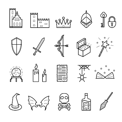Fantasy Related Signs Black Thin Line Icon Set. Vector