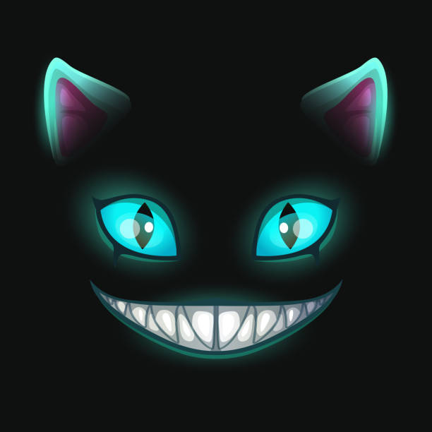 ilustrações de stock, clip art, desenhos animados e ícones de fantasy scary smiling cat face on black background - alice in wonderland