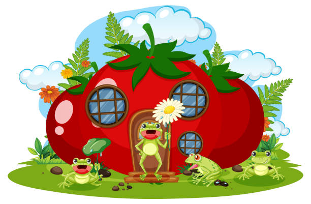 Fantasy tomato house with cartoon frogs vector art illustration