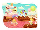Fantasy world flat vector illustration. Children, boys and girls having fun in sweet land cartoon characters. Cake houses, delicious juice river, cookies and chocolate road dream land