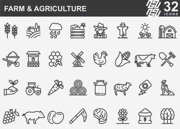 farm and agriculture line icons - traktor stock-grafiken, -clipart, -cartoons und -symbole