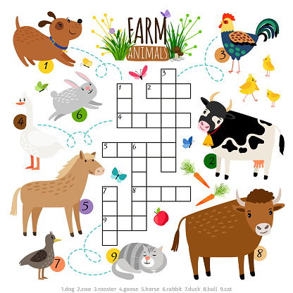 Farm animals crossword. Kids crossing word search puzzle game with cat and cow, dog and cock, horse and duck