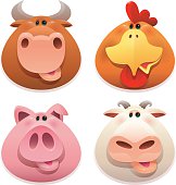 vector illustration of 4 farm animals heads - cow, hen, pig and sheep…