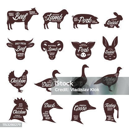 istock Farm animals silhouettes collection. Butcher shop labels. 1153280279