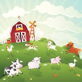 A vector illustration of cheerful animals running in the farm.