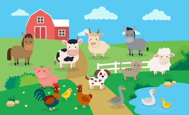 Farm animals with landscape - vector illustration in cartoon style, children s book illustration vector illustration in flat style duck pond stock illustrations