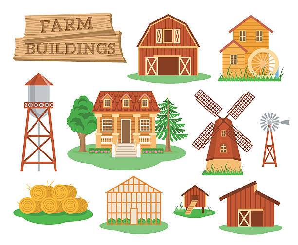 Farm buildings and constructions flat infographic elements Farm buildings and constructions flat infographic vector elements set. Icons of farmer house, barn, windmill, water mill, greenhouse, water tower etc. Agriculture industry and countryside life objects chicken coop stock illustrations