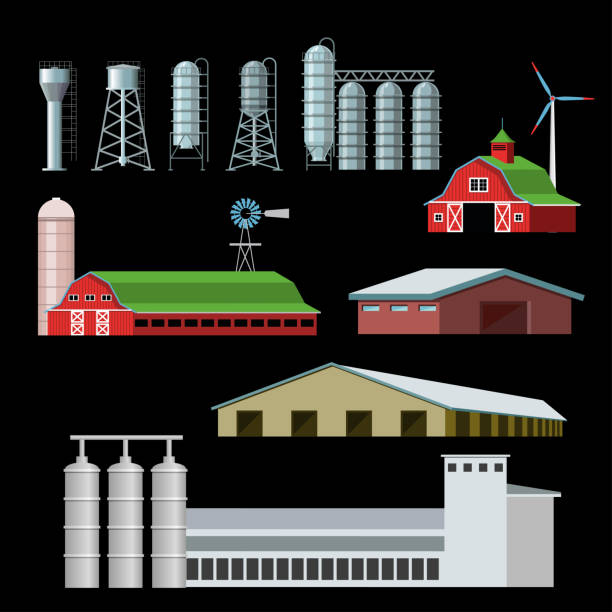 Farm buildings and constructions Set of farm buildings and constructions. Vector illustration agricultural building stock illustrations