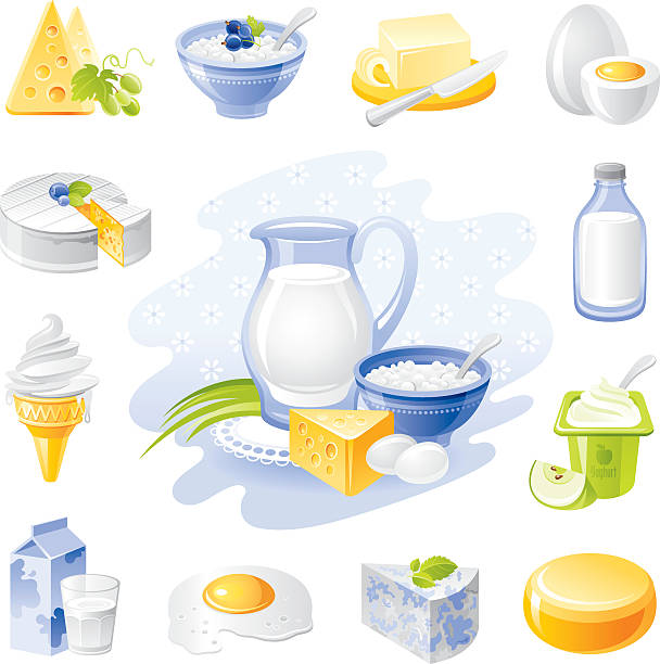 Farm food icon set: dairy and poultry products Farm food icon set contains dairy and poultry products - 12 icons and big central illustration. Icons: cheese, cottage cheese, butter, egg, camambert, milk jug, ice cream, johurt, milk pack, fried eggs, blue cheese, cheese wheel. Central illustration with rural still life. brie stock illustrations