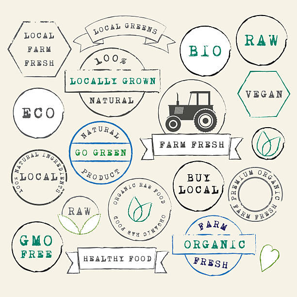 ilustrações de stock, clip art, desenhos animados e ícones de exploração fresco orgânico conjunto de selos - emblem food label