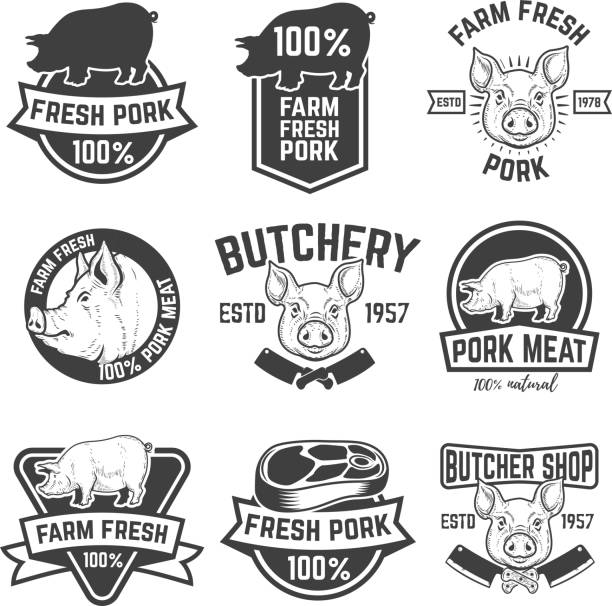 farm fresh pork meat emblems. Design elements for label, sign. Vector illustration. farm fresh pork meat emblems. Design elements for label, sign. Vector illustration. pig symbols stock illustrations