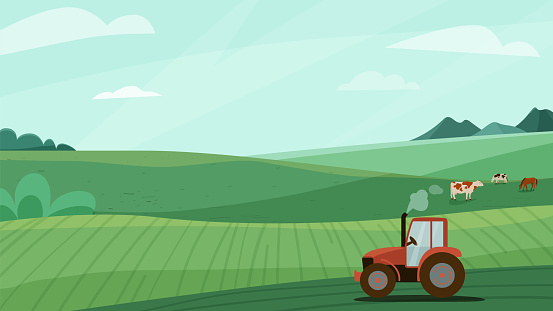 Farm landscape vector illustration with green meadow field, tractor and animal cow horse. Nature spring or summer farmland scenery. Countryside for organic production background
