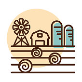 Farm landscape with barn, windpump, haystack and granary icon. Agriculture sign. Graph symbol for your web site design, logo, app, UI. Vector illustration, EPS10.