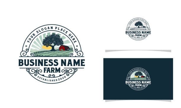 ilustrações, clipart, desenhos animados e ícones de logotipo da fazenda com céu de montanhas e logotipo de ilustração de árvore - farm