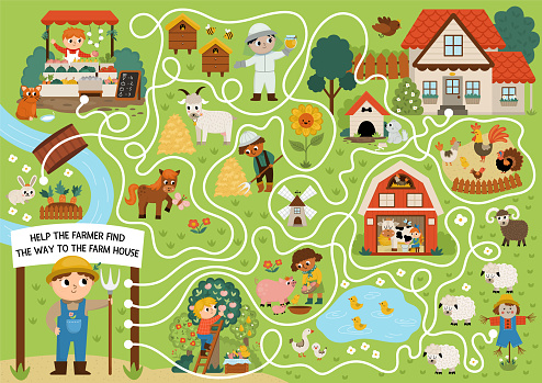 Farm maze for kids with rural village landscape, animals, barn, cottage. Country side preschool printable activity. Spring or summer labyrinth game, puzzle. Help the farmer find the way to farmhouse
