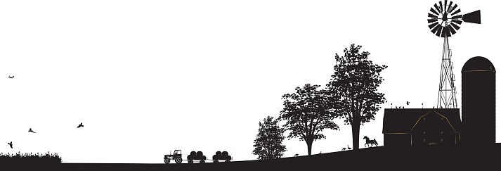 Farm Scene Black silhouette with Buildings,Windmill, Trees and Tractor