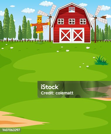 istock Farm scene landscape with barn 1407063297