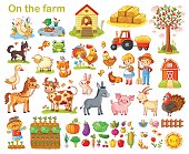 Farm set with animals, pets, livestock and vegetables on a white background. Young farmers and farming. Vector illustration.