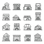 Farm water mill icons set. Outline set of farm water mill vector icons for web design isolated on white background