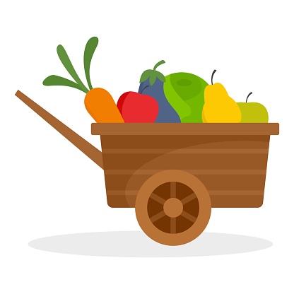 Farm wheelbarrow fruits, vegetables icon, flat style