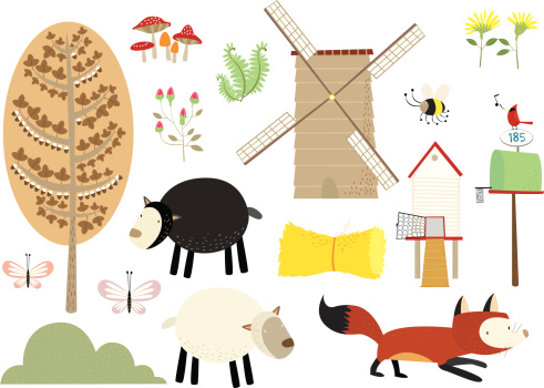 Farm Windmill with Animals and Hay