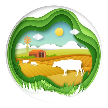 Farm with cow paper art vector milk production