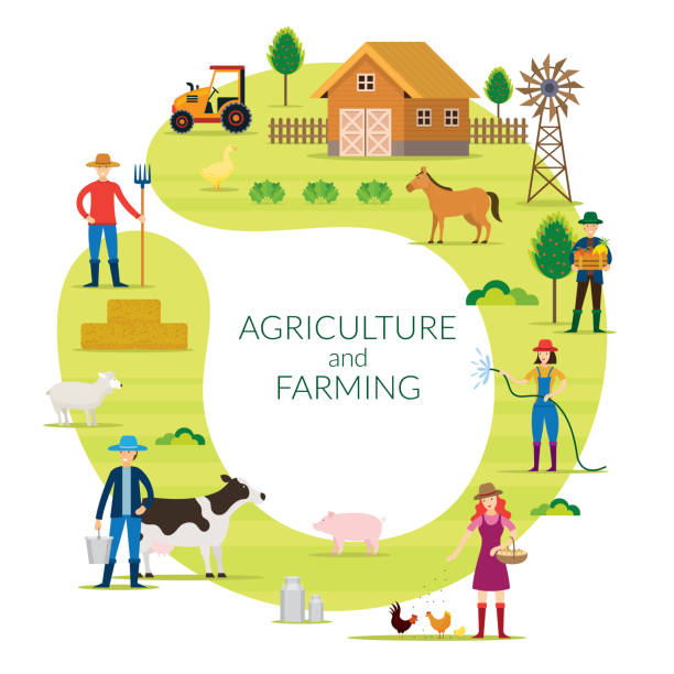 Farmer, Agriculture and Farming Concept Round Frame Cultivate, Countryside, Field, Rural, People pig borders stock illustrations