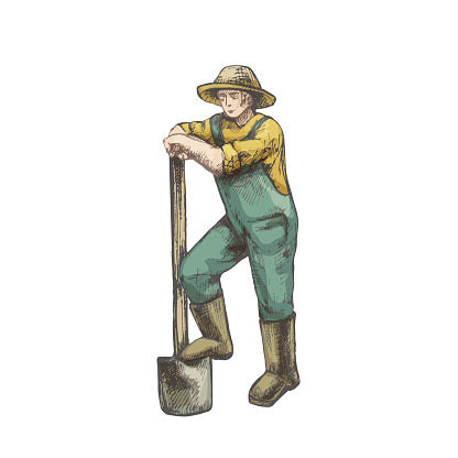 Farmer digs a shovel ground. Vintage vector hatching color hand drawn illustration isolated on white background