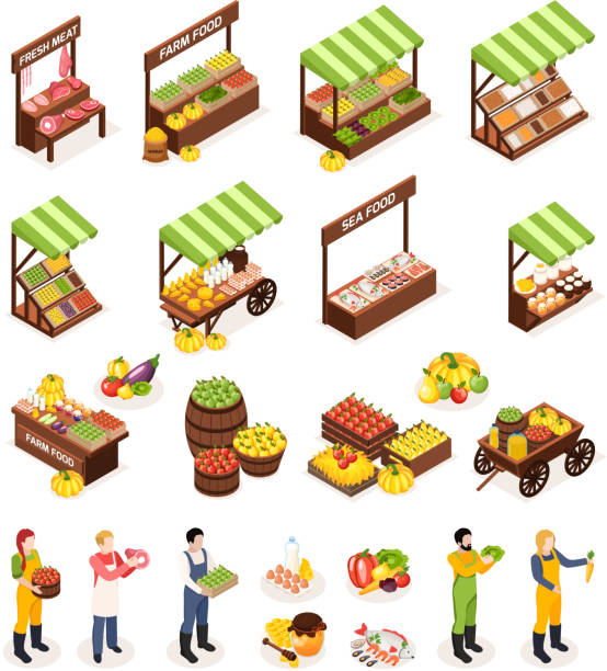 ilustrações, clipart, desenhos animados e ícones de agricultor estoculta ícones isométricos do mercado local - mercado