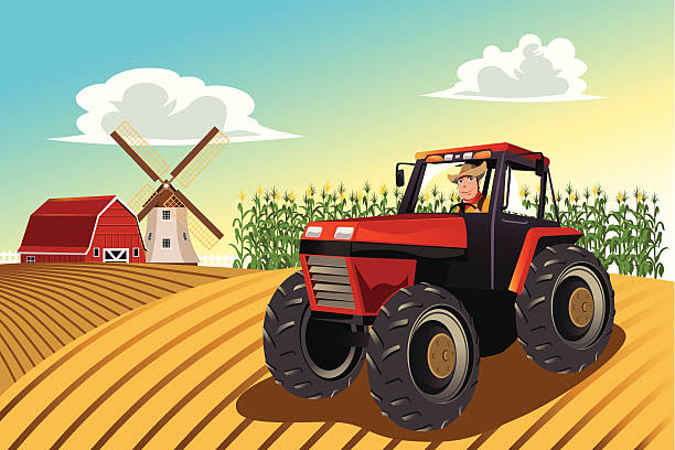 ilustraciones, imágenes clip art, dibujos animados e iconos de stock de riding un agricultor tractor - corn field