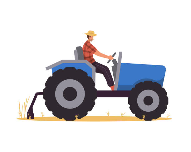 ilustrações, clipart, desenhos animados e ícones de agricultor montando trator no campo - trator