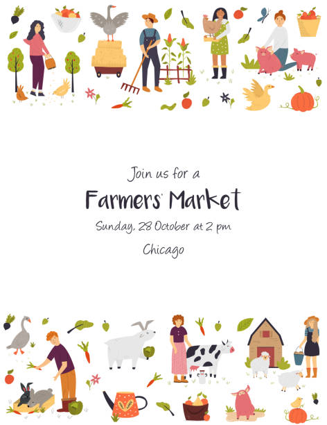 Farmers festival vertical invitation template with funky farmers and animals. Festival poster and banner colorful design Farmers festival vertical invitation template with funky farmers and animals. Festival poster and banner colorful design gardening borders stock illustrations