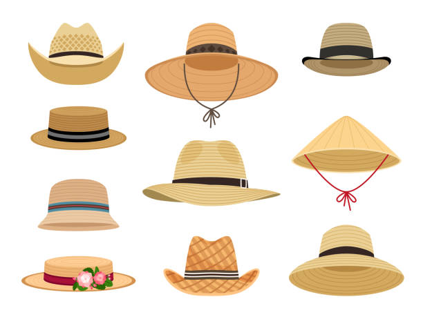 Farmers gardening hats Farmers gardening hats. Asian japan hat and and female straw cap, yellow beach head accessory and summer traditional agriculture rural headdress isolated on white background hat stock illustrations