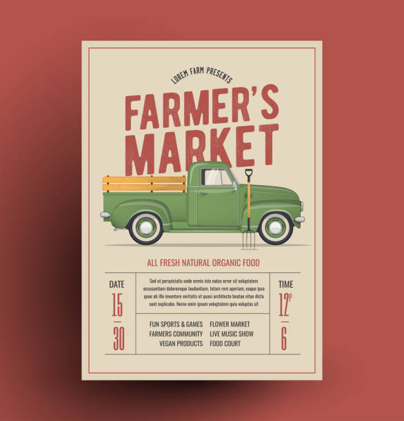 ilustraciones, imágenes clip art, dibujos animados e iconos de stock de los agricultores mercado flyer poster plantilla con camioneta vintage del agricultor para su evento de los agricultores. ilustración de vector. - farmers market