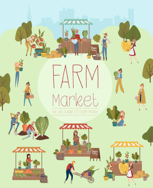 워킹 스트리트, 유기농 과일과 채소, 카툰 플랫 디자인을 판매 하 고 쇼핑 하는 사람들을 위한 농부의 시장 포스터 - 시장 소매점 stock illustrations