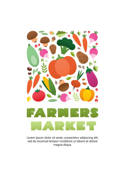Farmer's market Square backdrop of vegetables and plants drawn in a flat style on a white background. Blank space for your text included. Vector 10 EPS. farmers market stock illustrations