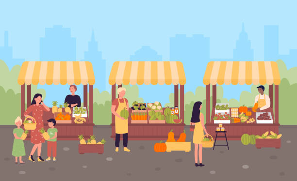 ilustrações, clipart, desenhos animados e ícones de mercado de rua de agricultores no conceito de ilustração de vetores planas da cidade, fundo da cidade - mercado